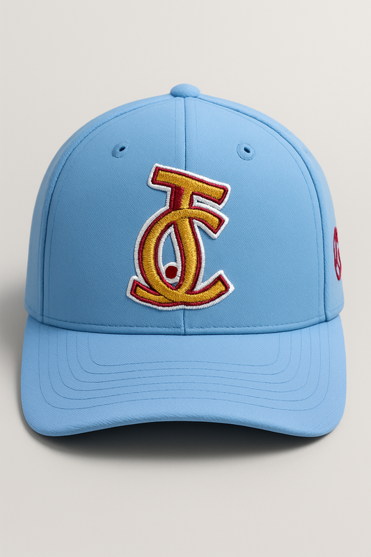 ☁️ Sky Blue JC Snapback – Red & Yellow Flame Edition