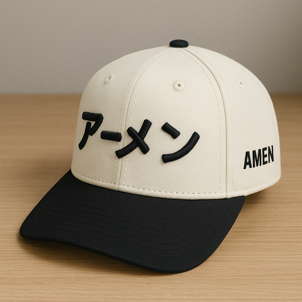 Two-tone snapback hat with a cream crown and black brim, featuring black Japanese katakana embroidery spelling 'Amen' on the front and 'AMEN' text on the side, by Aaron David Apparel.
